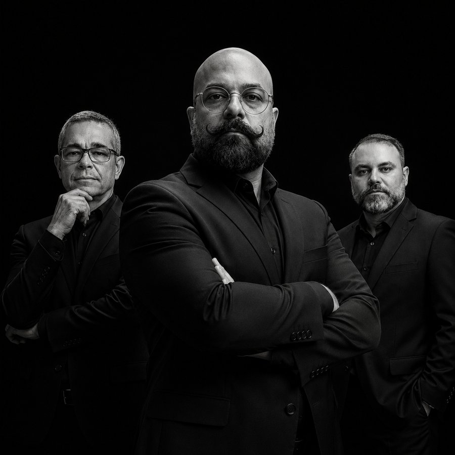 Sérgio Ferro, ao centro, e o time por trás do método Gamma Quant, em retrato preto e branco